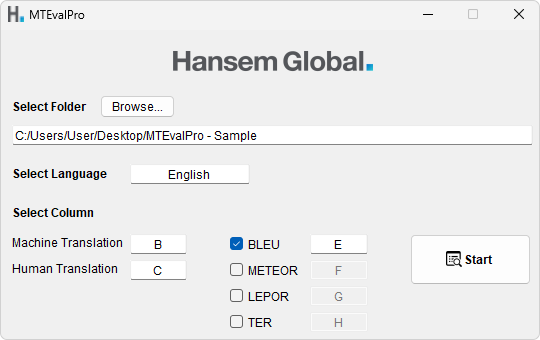 Interface of Hansem Global’s translation quality tool showing score metrics and analysis charts
