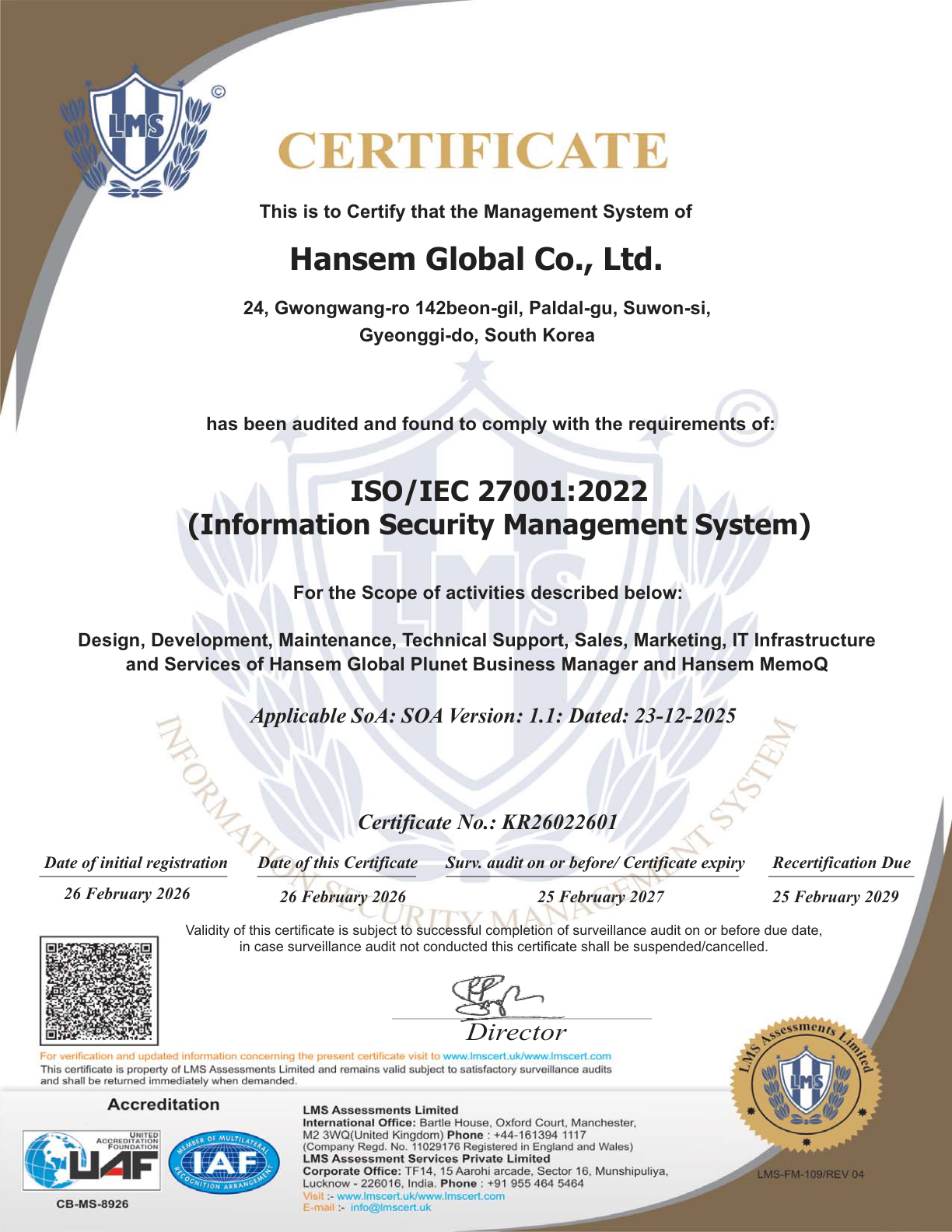 ISO 27001 — Hansem Global Co., Ltd. 인증서