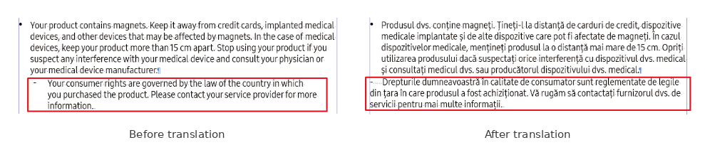 Example comparing a document before and after translation where manually applied formatting changed