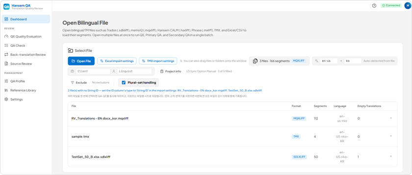 Hansem QA dashboard for importing translation files and preparing them for quality estimation and quality assurance.