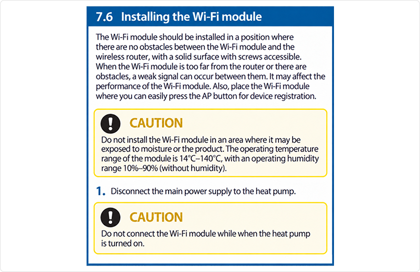 Wi-Fi module installation steps with CAUTION boxes ahead of each step